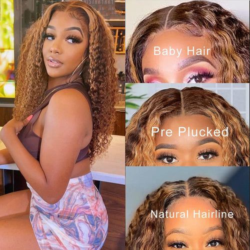 Highlight Ombre Honey Blonde Lace Front Wig Deep Wave Human Hair 4x4 Lace Closure Wigs