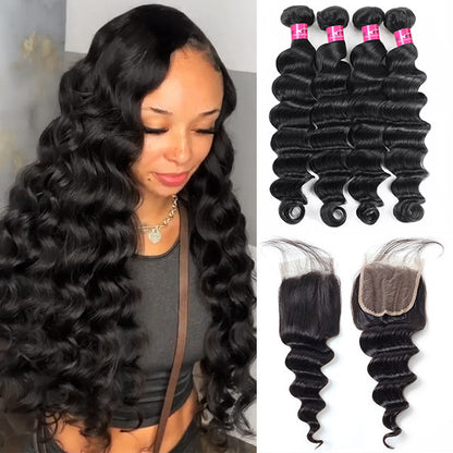 Loose Deep Wave Hair 4 Bundles with 4*4 Lace Closure