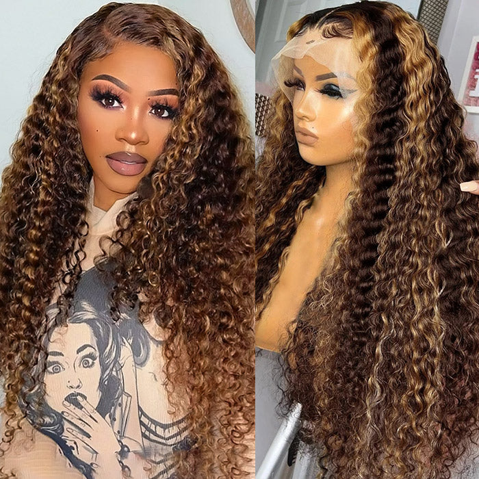 OneMore Honey Blonde Highlight Deep Wave Wig 13x4 Lace Front Wig Colored Human Hair Lace Wig