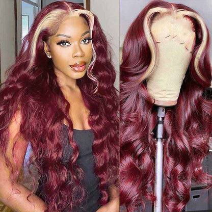 Burgundy Blonde Skunk Stripe Hair Body Wave 13x4 Lace Front Wig 