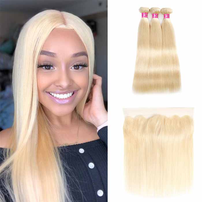 613 Blonde Bundles with Frontal 30 Inch Brazilian Straight Human Hair Bundles with 13x4 Lace Frontal Closure