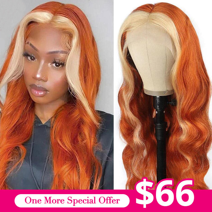 Skunk Stripe Hair 13*4 Wig Ginger Color with Blonde Highlights Body Wave Wig