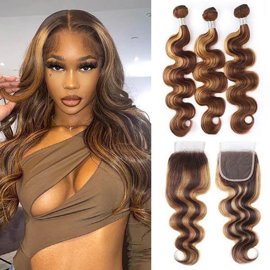 Body Wave Human Hair Weave 3 Bundles with 4x4 Lace Closure Ombre Hair