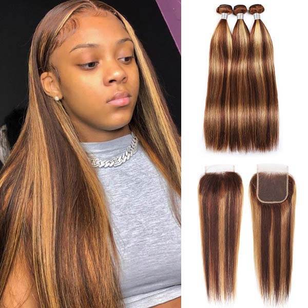 Ombre Color Hightlight Straight Human Hair 3 Bundles with 4x4 Lace Closure