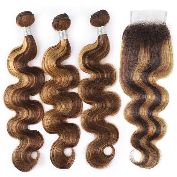 Body Wave Human Hair Weave 3 Bundles with 4x4 Lace Closure Ombre Hair