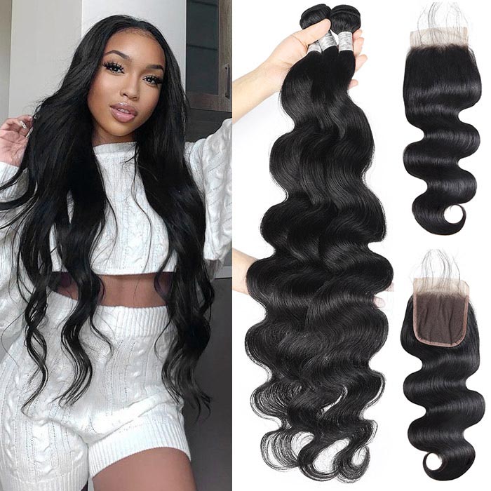 Body Wave Hair 3 Bundles With Closure 100% Virgin Human Hair Extensions With 4x4 Lace Closure