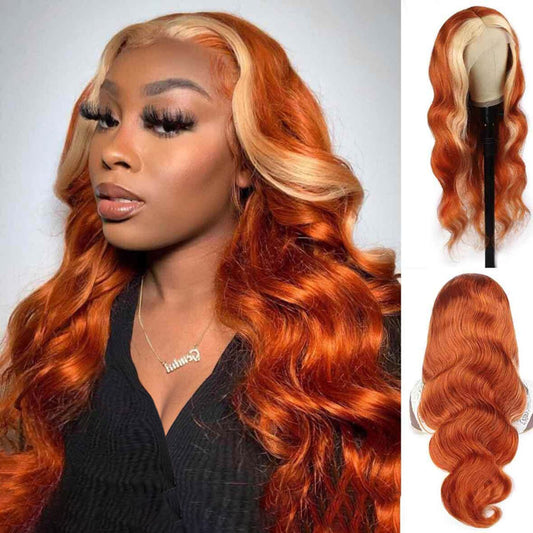 Ginger Hair Color with Blonde Highlights Body Wave Lace Frontal Wig Human Hair Skunk Stripe Wig