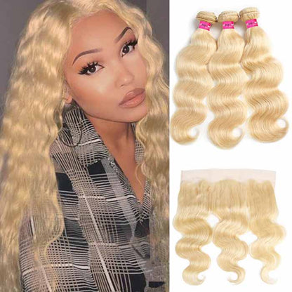 Honey Blonde Body Wave Human Hair Bundles with 13x4 Transparent Lace Frontal Closure