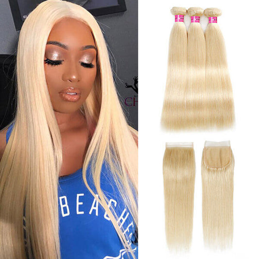 613 blonde straight hair 3 bundles with closure