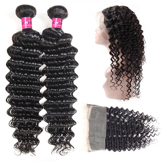 Deep Wave 360 Lace Frontal with 2 Bundles Virgin Peruvian Deep Wave Hair