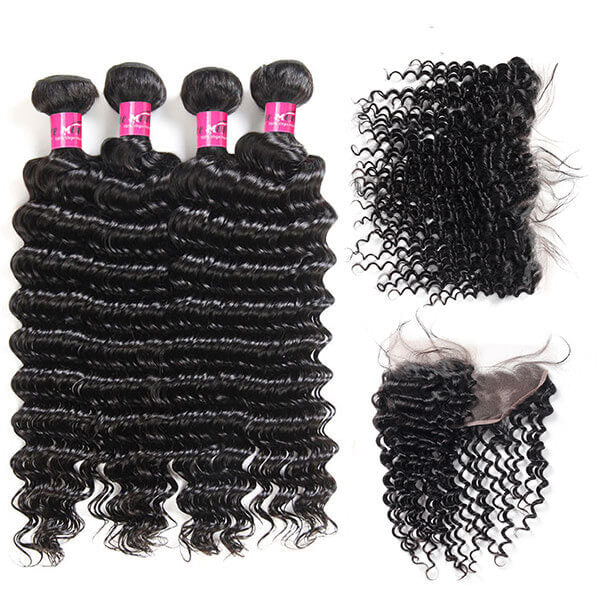 One More Brazilian Deep Wave Hair 4 Bundles With 13*4 Lace Frontal Closure