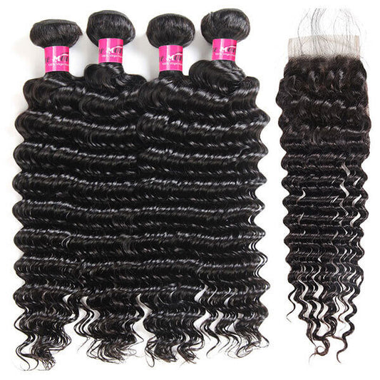 Virgin Peruvian Deep Wave Hair 4 Bundles with 4*4 Lace Closure