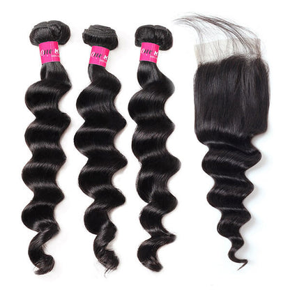 loose deep wave hair 3 bundles with 4*4 wig