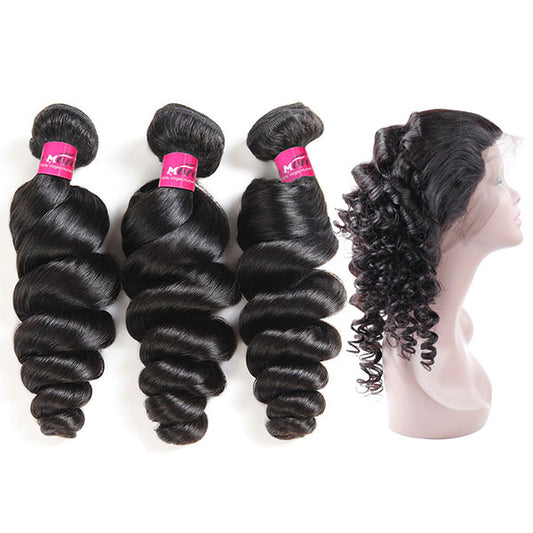 Virgin Peruvian Hair Loose Wave Hair 3 Bundles with 360 Lace Frontal