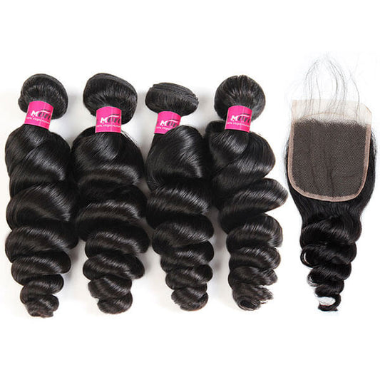 Malaysian Loose Wave Human Hair 4 Bundles with 4*4 Lace Closure