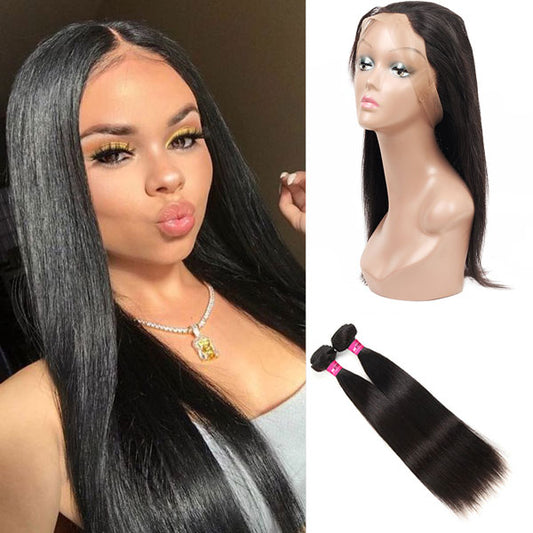 Peruvian Straight Hair Weave 2 Bundles with 360 Lace Frontal