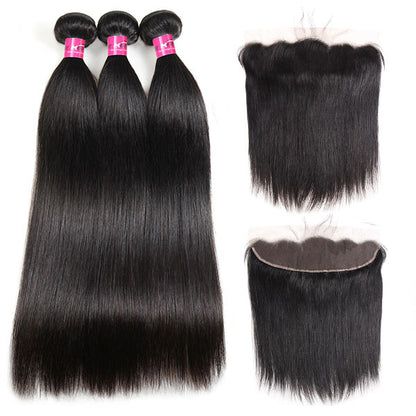 Straight Hair Bundles with Frontal Peruvian Human Hair 3 Bundles with 13x4 Lace Frontal Closure