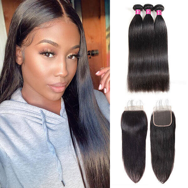 straight hair 3 bundles with transparent lace closure