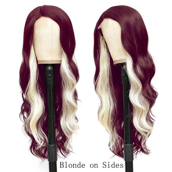 Skunk Stripe Hair Burgundy Color 13x4 Lace Front Wig 99J Hair Color Glueless Wigs for Beginners