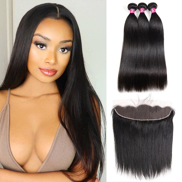 HD Lace Frontal with Bundles Brazilian Straight Hair 3 Bundles with 13x4 Lace Frontal Closure