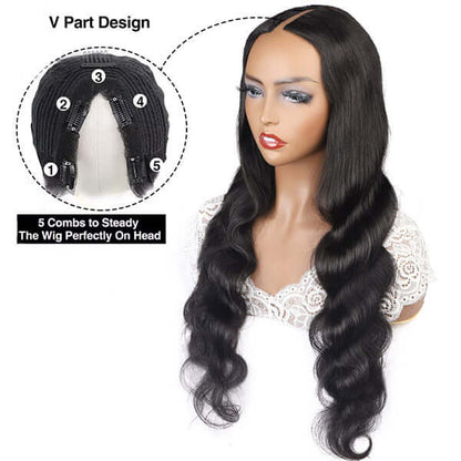 V Part Wig Tranparent Lace Front Human Hair Wig Natural Color Thin Part Wigs